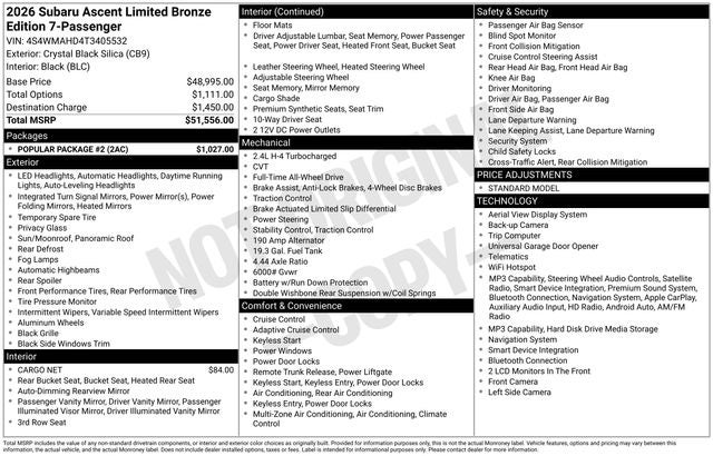 2026 Subaru Ascent Limited Bronze Edition