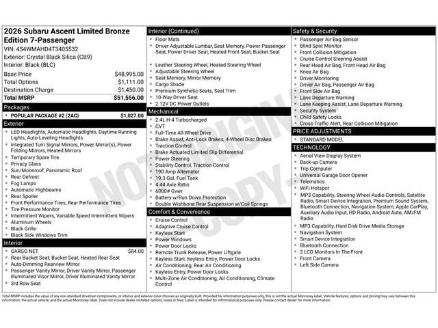 2026 Subaru Ascent Limited Bronze Edition